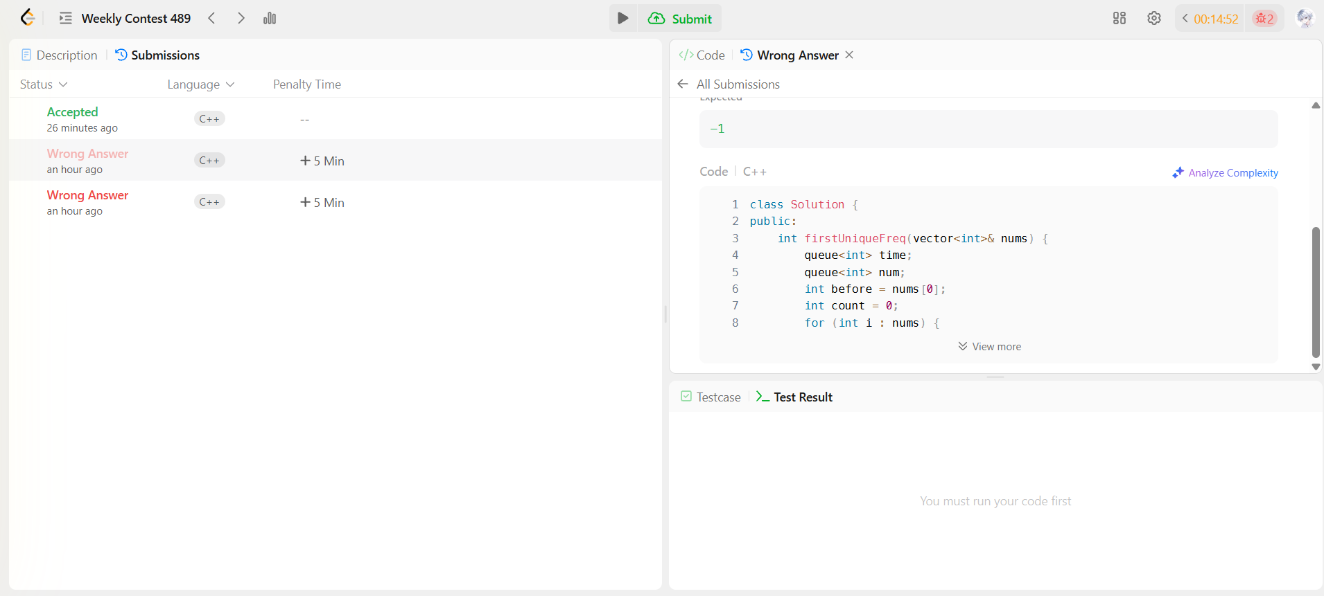 Weekly Contest 489 第二題 queue 解法 WA 截圖